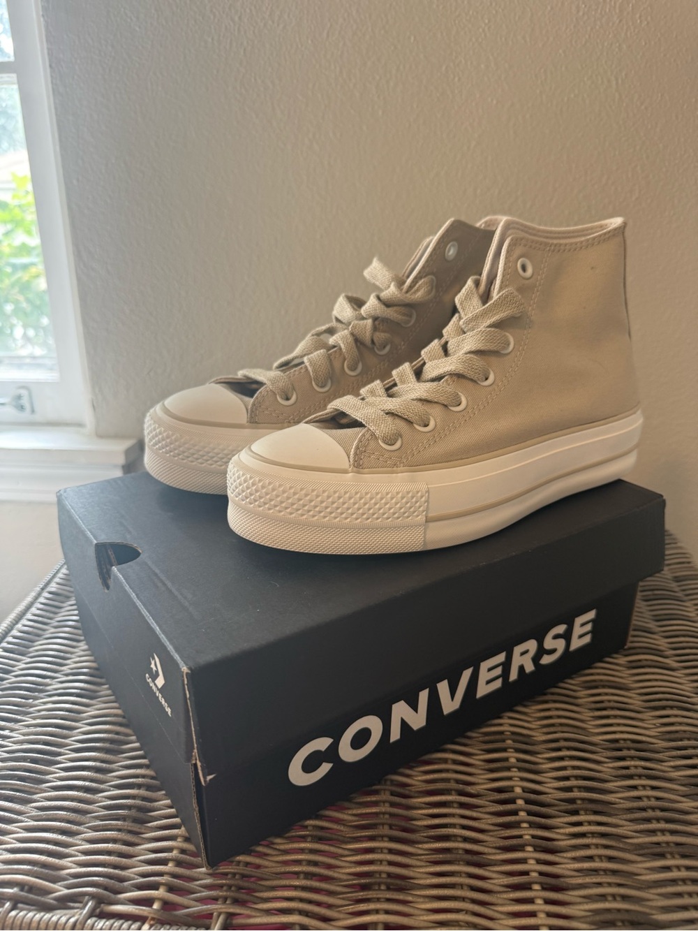 Converse High Top Sneakers in Light Beige and White